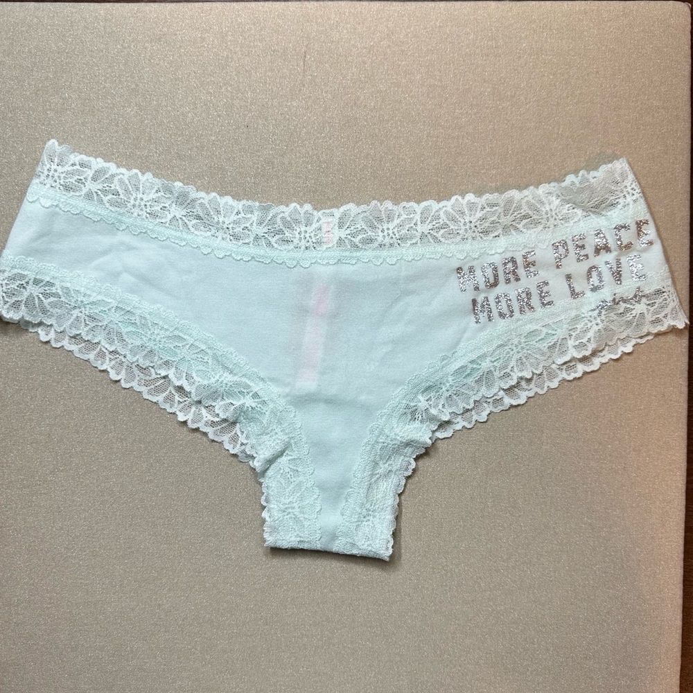 PINK Victoria Secret "MORE PEACE MORE LOVE" Lace Trim Cheeky Panty